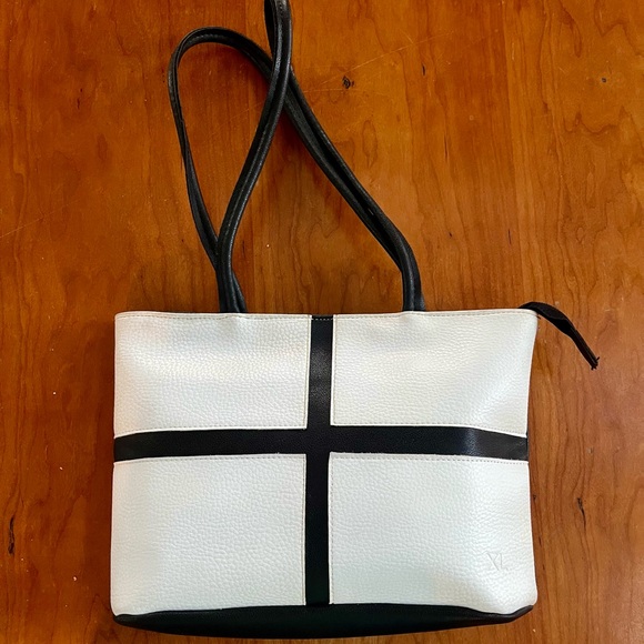 Handbags - Vintage 1980’s Black and White Pebbled Leather Cross-Accent Checker Shoulder Bag